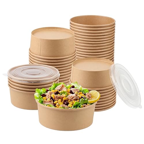 Belinlen 36oz 50 Sets Large Kraft Paper Bowls with Lids  Disposable Bowls with Lids  Paper Salad Bowls  Paper Food Container with Lid Perfect for Hot/Cold Food  Soup  Salad  Ice Cream